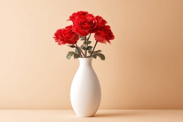 Fototapeta premium Red roses arranged in a white vase, set against a pale peach background for a soft contrast.