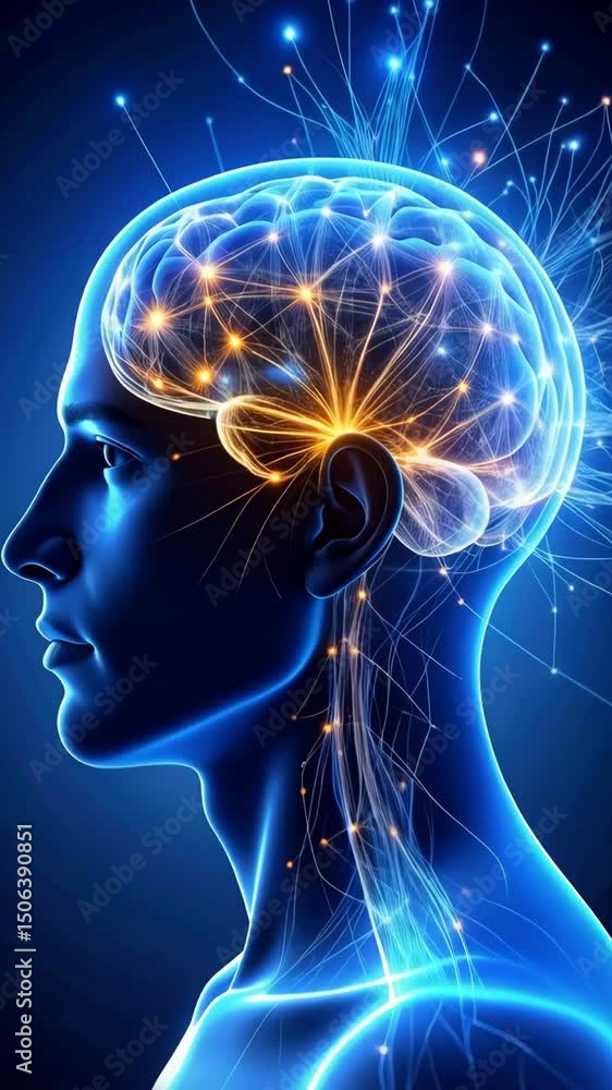 Aufkleber abstract digital representation of human brain with glowing connections and neural pathways in blue 