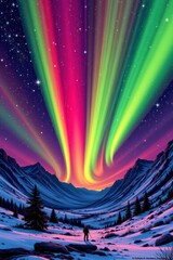 Vibrant Aurora Borealis Display Over Snowy Mountain Valley at Night