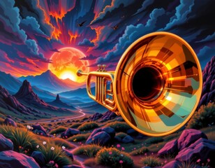 Golden Trumpet in a Pixel Art Landscape at Sunset