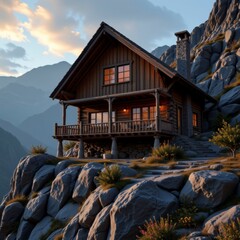 Rustic Wooden Cabin on Rocky Mountainside at Sunset