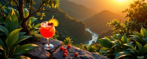 Red Cocktail with Fruit Garnish on Rocks Overlooking a River Valley at Sunset
