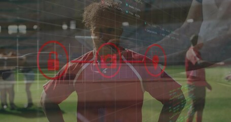 Soccer player entering pitch, tech scanning data unlocking lock, coach pairing sensor - Powered by Adobe