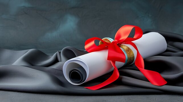 Rolled Diploma with a Red Ribbon on Fabric