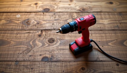 Red Cordless Drill on Brown Wooden Background