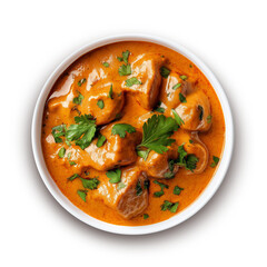 Chicken curry butter chicken in plate top view isolated on white background. Butter chicken curry with parsley in plate. 