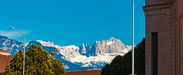 Alpine spring view with the Rosengarten mountains seen from Bozen, Bolzano, South Tyrol, Italy
