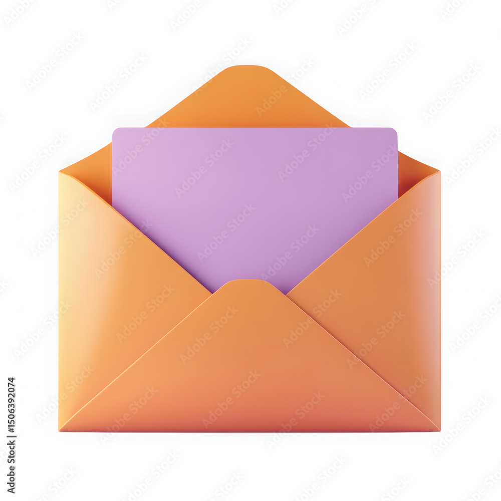 Poster a close up of an orange envelope with a purple card inside on a black isolated background view from 