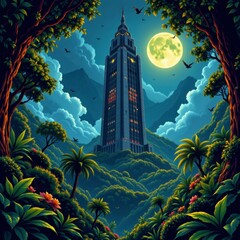 Pixel Art Tower in Lush Tropical Jungle at Night Under Full Moon