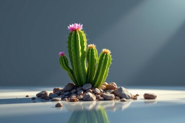 Closeup of a Green Cactus with Pink Flowers on Grey Background
