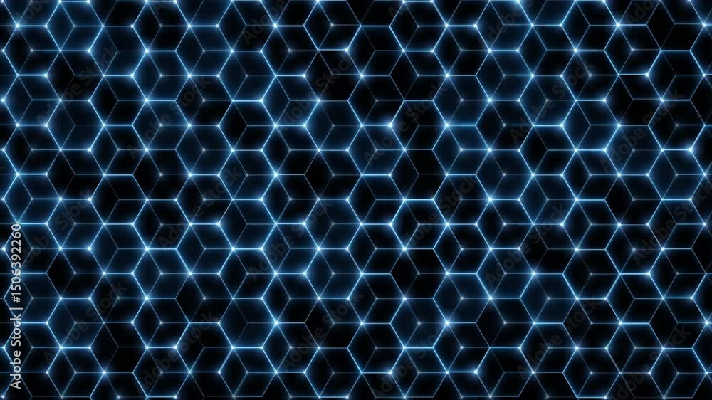 Poster video overlay animation of glowing hexagonal grid on black background for sci-fi blockchain biotech 