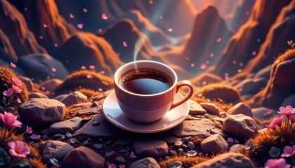 Steaming Coffee Cup on Rocky Mountaintop Sunrise Landscape