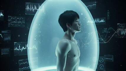 Asian male inside a translucent egg-shaped capsule and floating biometric data projections in a dark futuristic environment. Conceptualization of advanced human monitoring technology