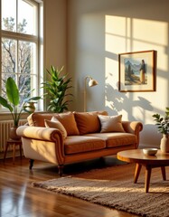 Beige Velvet Sofa in Sunlit Living Room with Plants and Wooden Floor