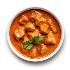 Chicken curry butter chicken in plate top view isolated on white background. Butter chicken curry with parsley in plate. 