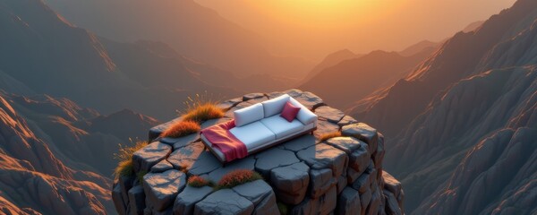 White Sofa on a Mountaintop Cliff at Sunset