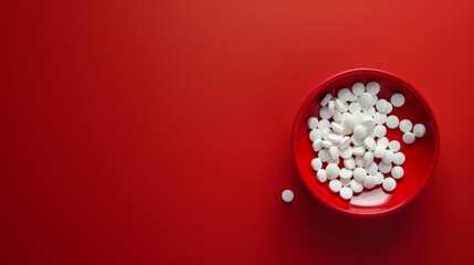 White tablets in red bowl on bright red background. Healthcare concept, minimal style. AI generative.