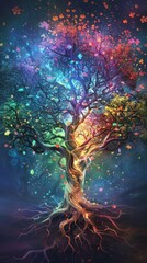 Colorful tree with intertwined trunk, radiant light, and falling leaves. Dark background. AI generative..