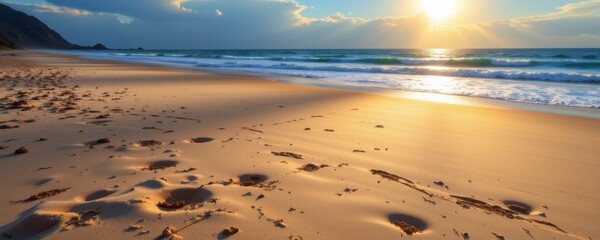Golden Hour Sunset on a Sandy Beach with Gentle Waves