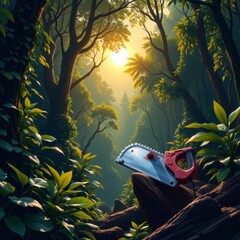 Chainsaw in Lush Green Forest at Sunrise
