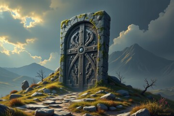 Ancient Stone Doorway in Mountain Landscape