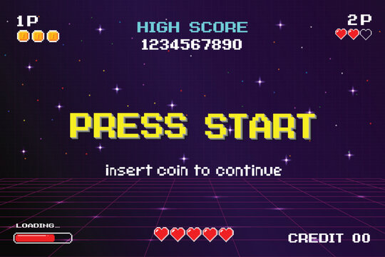 PRESS START. pixel art .8-bit game. Retro Futurism Sci-Fi Background. glowing neon grid. and stars from vintage arcade computer games - Powered by Adobe