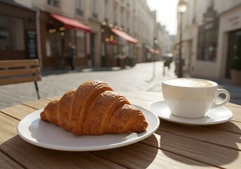 Fresh croissant and coffee in Parisian café setting, ideal for travel blogs, food magazines, breakfast menus, and European lifestyle content