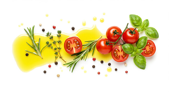 Tomates, azeite e ervas arom&aacute;ticas em fundo branco