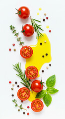 Tomates, azeite e ervas aromáticas em fundo branco