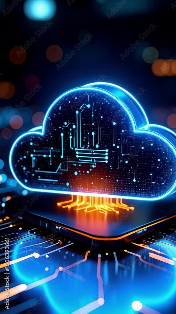 Poster futuristic cloud computing with glowing neon, networking, connection, and processing concept. digita