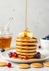 Pancakes with butter, berries and maple syrup
