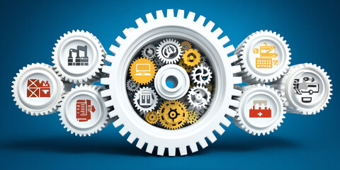 Operational synergy displayed by colorful intersecting cogwheels each labeled with unique organizational function symbols