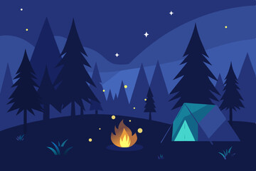 Fototapeta premium Forest Campsite at Dusk with Bonfire and Fireflies Vector Illustration