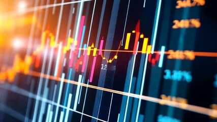 A vibrant stock market chart with colorful candles showing financial data with fluctuating percentages on a dark blue backdrop - Powered by Adobe