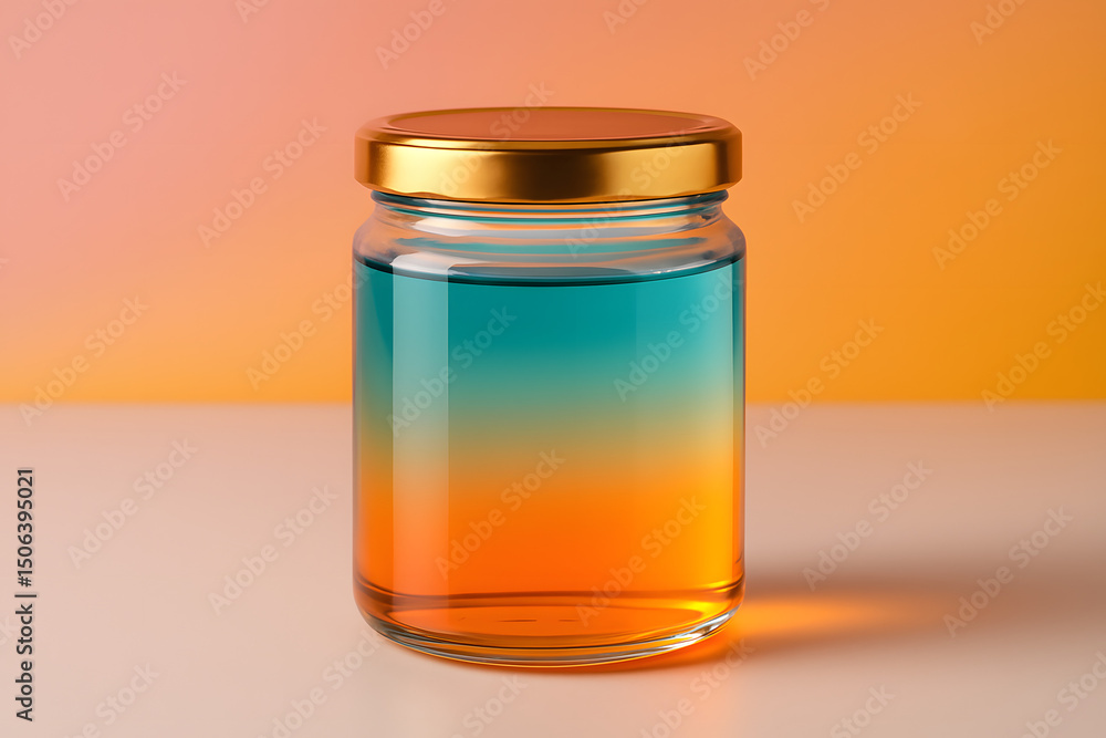 Poster layered liquid in glass jar: a captivating image of a glass jar filled with two layers of vibrant te