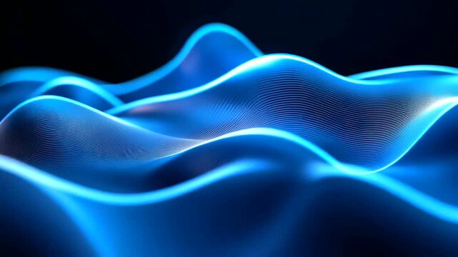 Wavy, abstract design with luminous blue curves and parallel lines set against a stark black background creates a dynamic visual effect