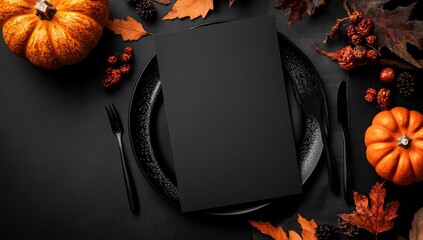 Black menu card on dark table, autumnal decor