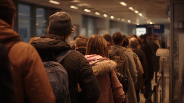 Long queue of travelers at airport check-in busy terminal human activity indoor environment side view travel experience