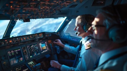 Pilots navigating aircraft in cockpit high altitude flight aviation photography cloudy skies close-up view professionalism