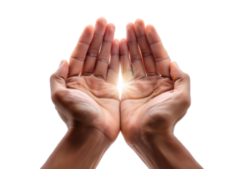 Praying hands with faith in religion and belief in God on blessing background. Power of hope isolated on transparent or white Background