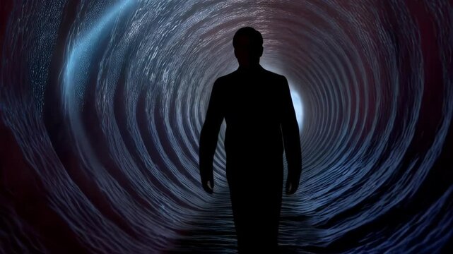 Silhouette of a man walking towards a bright light at the end of a swirling abstract tunnel representing life, death, or the afterlife.