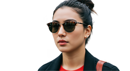 Photo Portrait of Young Woman in Sunglasses and Red Shirt Isolated