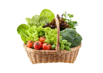 Various fresh salad vegetables in bamboo basket isolated on transparent or white background