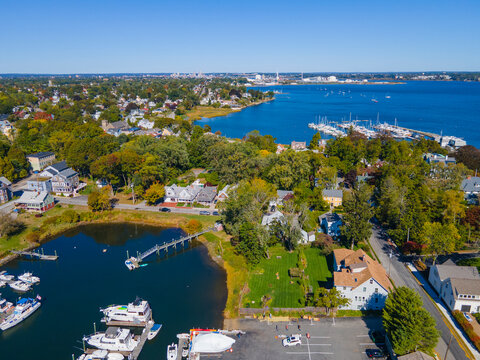 Pawtuxet Cove Marina aerial view in the village in fall between city of Cranston and Warwick, Rhode Island RI, USA. Here is Pawtuxet River mouth to Providence River. 