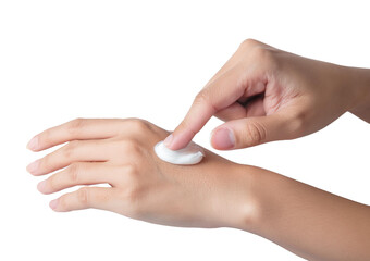 Woman putting moisturizing cream on hand Isolated on transparent or white Background