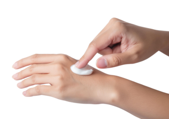 Woman putting moisturizing cream on hand Isolated on transparent or white Background
