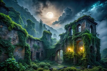 Mysterious Moonlit Ruins Covered in Lush Vines
