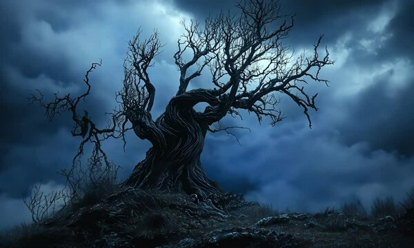 Lonely tree under stormy dark sky