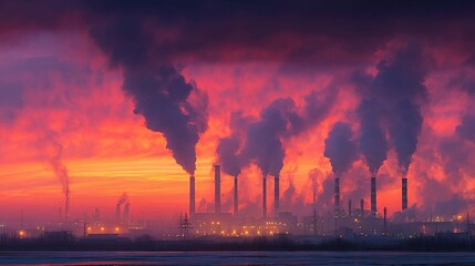 Pollution Silhouette: A stark visualization of environmental damage, with plumes of smoke billowing from industrial smokestacks against a vibrant, yet ominous, sunset sky.