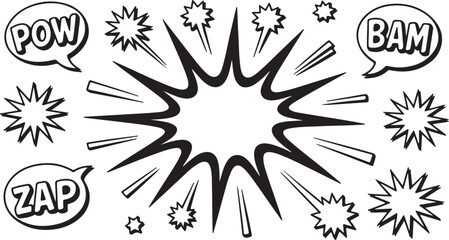 Obraz premium Line speed cartoon effect, boom explosive motion line element set. Comic boom burst, explosive smoke, line speed cartoon vector icon. Hand drawn sketch doodle action effect. Vector illustration